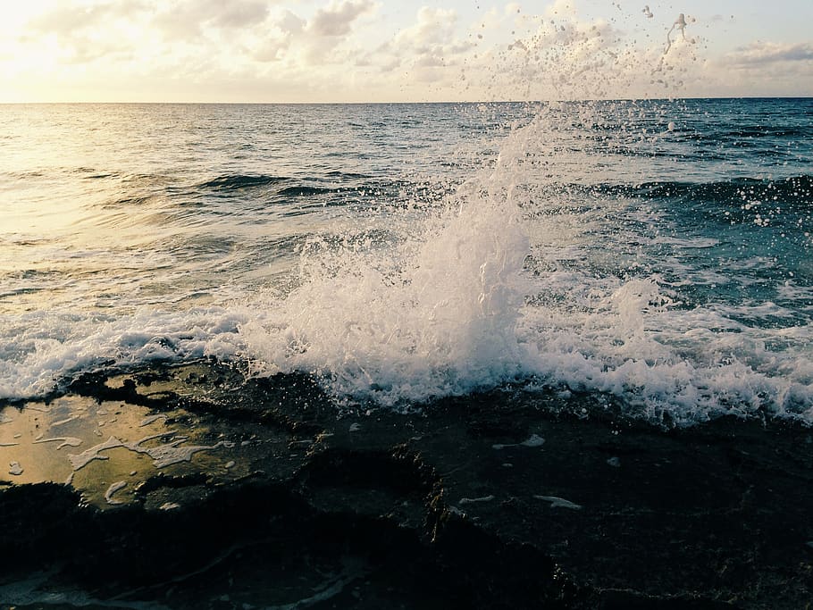 Seashore on Daytime, ocean, splash, water, waves, motion, horizon HD wallpaper
