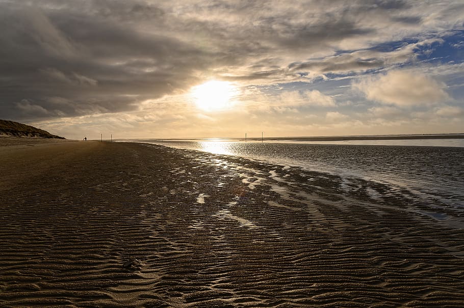 beach, sea, sand, sky, clouds, water, dusk, sunset, rest, silent HD wallpaper