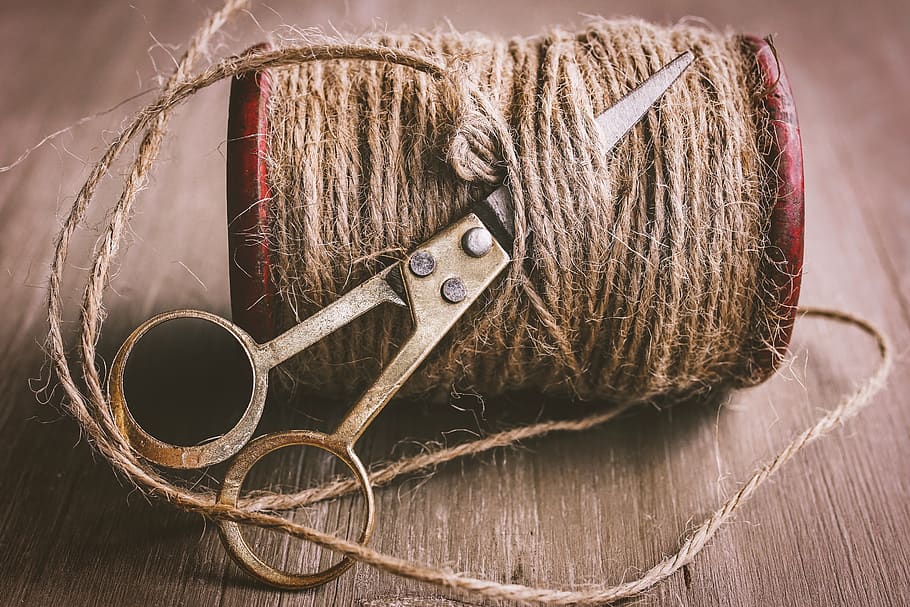 Brown Thread , scissors, string, wood - material, no people, indoors HD wallpaper