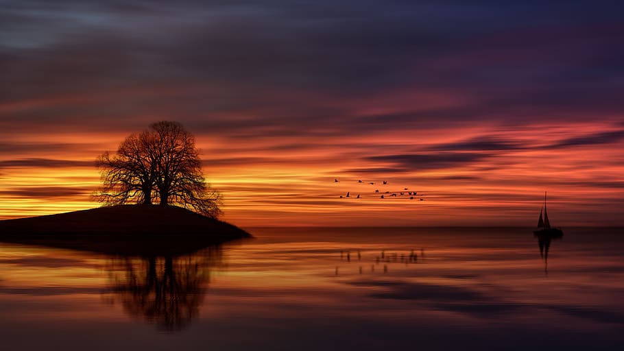 sunset, dawn, dusk, evening, sky, silhouette, reflection, sea HD wallpaper