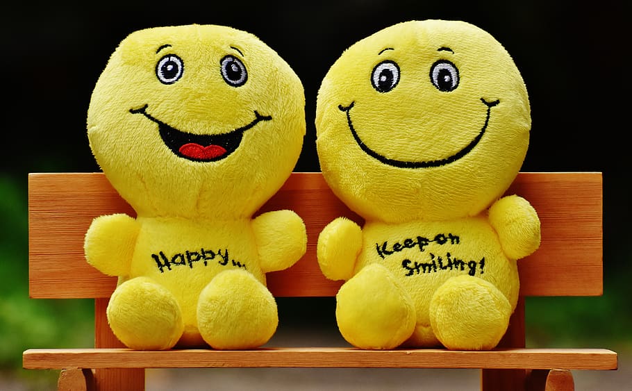 Two Yellow Plushtoy on Brown Bench, color, cute, emotion, happiness HD wallpaper
