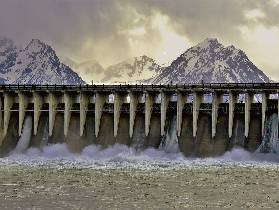 dam, water flow, mountains, river, wyoming, hiking, landscape HD wallpaper