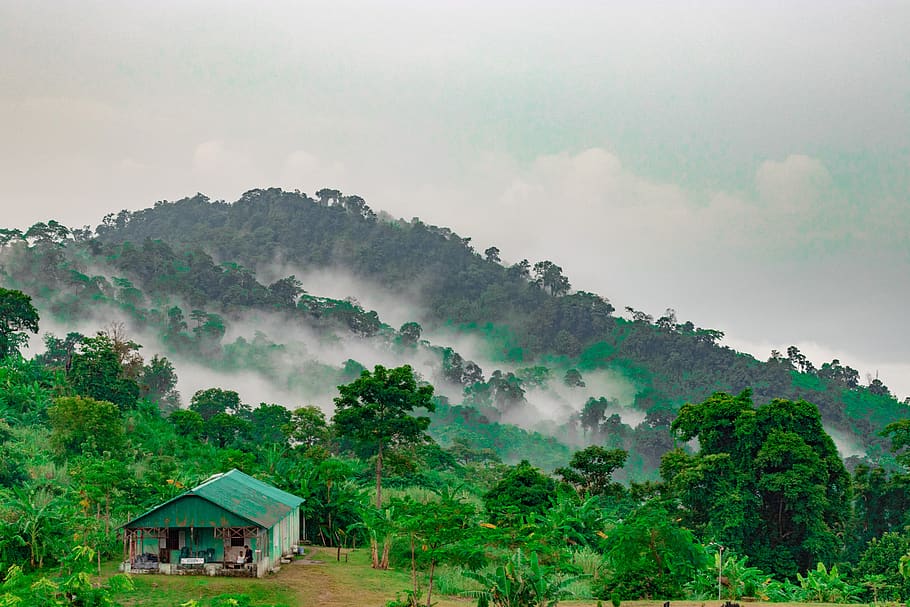 house, hill, mountain, cloud, travel, property, trees, blue HD wallpaper