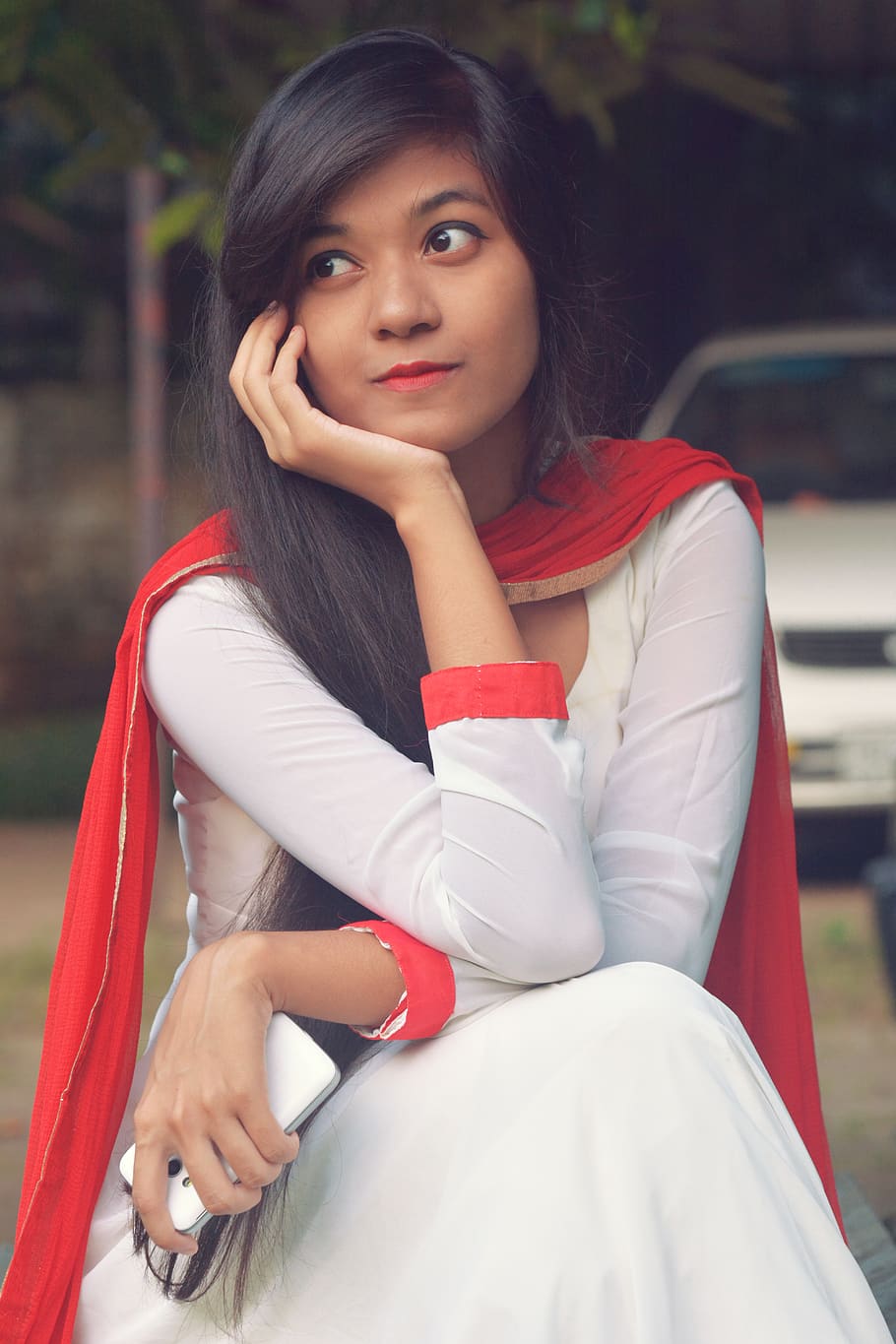 Woman Wearing White Long-sleeved Dress And Red Scarf, bangladesh