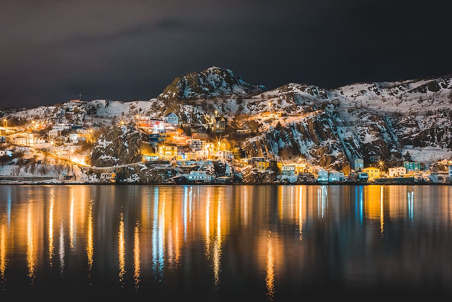 white mountain at night time, water, reflection, scenics - nature HD wallpaper