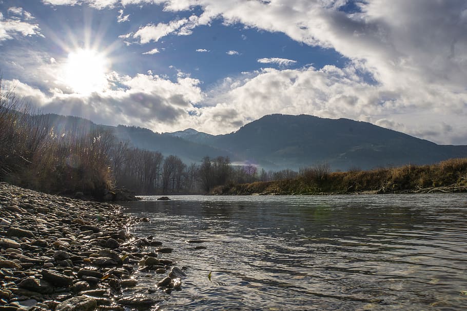 austria, öblarn, enns (river), nature, sun, styria, clouds HD wallpaper