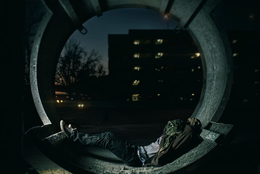 people, man, alone, rest, sleep, building, dark, night, street HD wallpaper