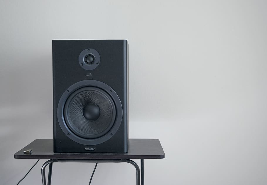 black speaker on table, technology, indoors, music, arts culture and entertainment HD wallpaper