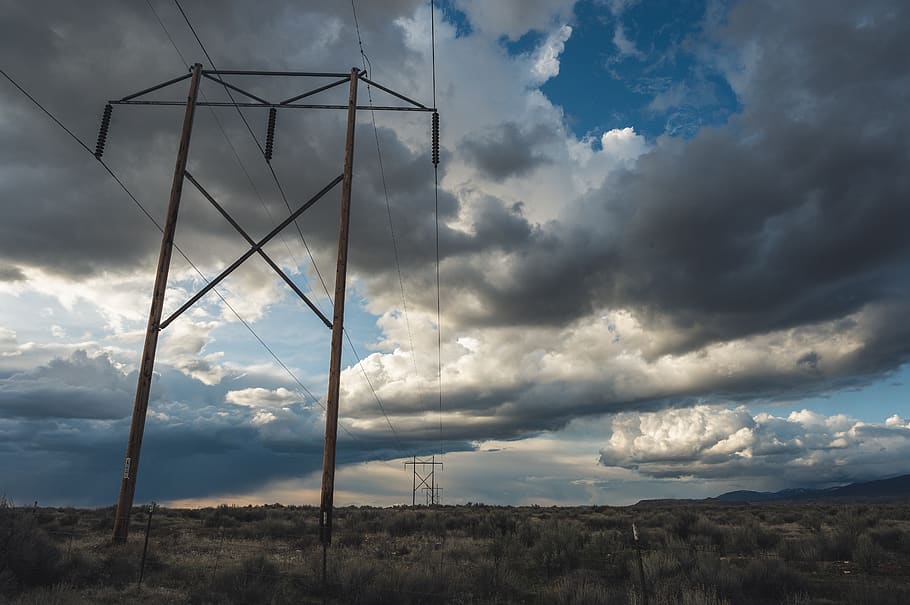 View of Electric Cable Lines Under Cloudy Day, blue sky, danger HD wallpaper