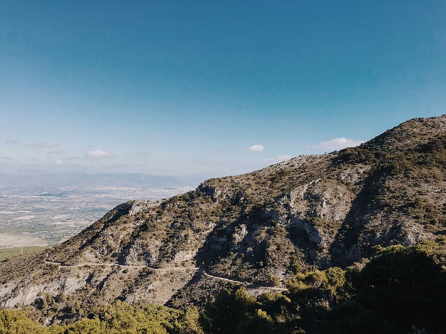 mountain, sky, blue, nature, countryside, trees, town, hike HD wallpaper