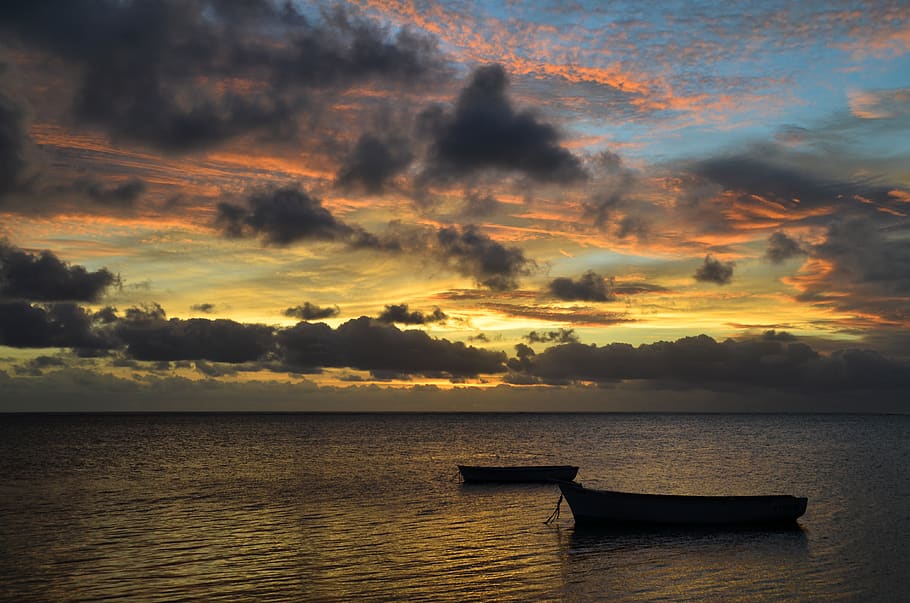 mauritius, baie du cap, clouds, yellow, orange, boat, blue HD wallpaper