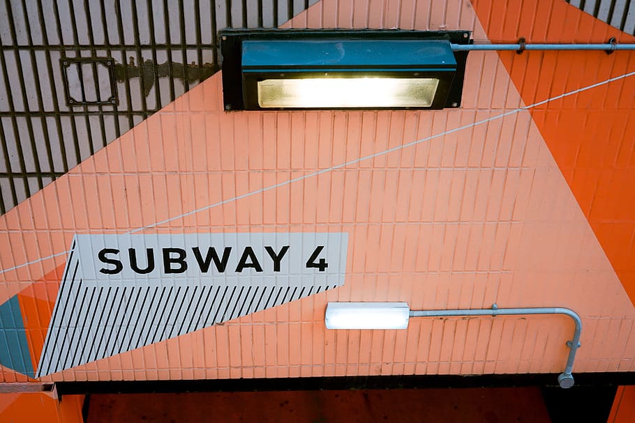 black and white lamps, subway, wall, sign, graffiti, blue, orange HD wallpaper