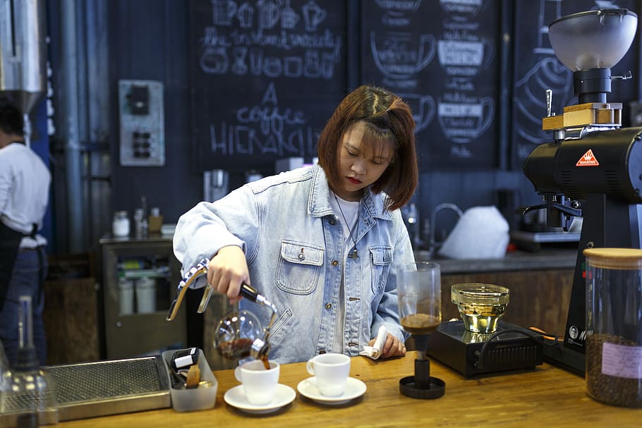 Woman Pouring Coffee on Cup, bar, bartender, beverage, caffeine HD wallpaper