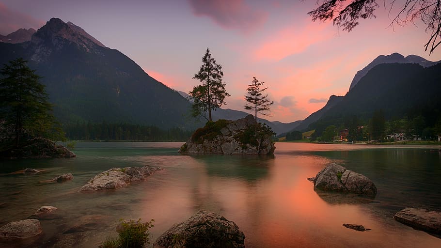 White Rock Formation on Water With Mountain Background, clouds HD wallpaper