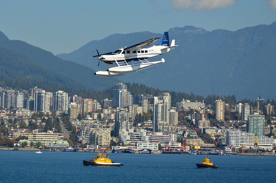 canada, vancouver, north vancouver, seaplane, landing, city, HD wallpaper