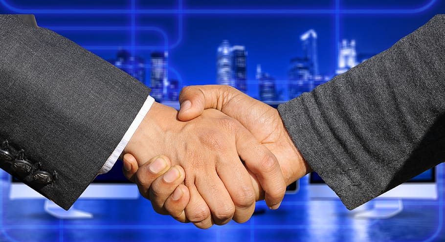 hands, shaking hands, company, skyscrapers, office, office building, HD wallpaper