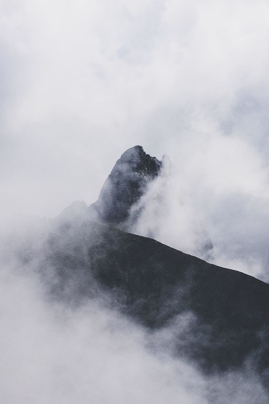 black mountain and white fog, nature, mist, peak, landscape, moody