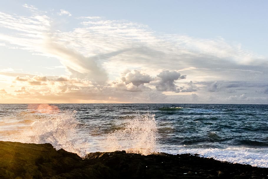 Crushing Waves on Rocks, beach, clouds, dawn, landscape, nature HD wallpaper