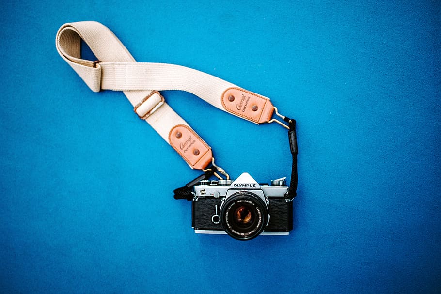 black SLR camera with white strap, lens, gear, 50mm, blue, old HD wallpaper