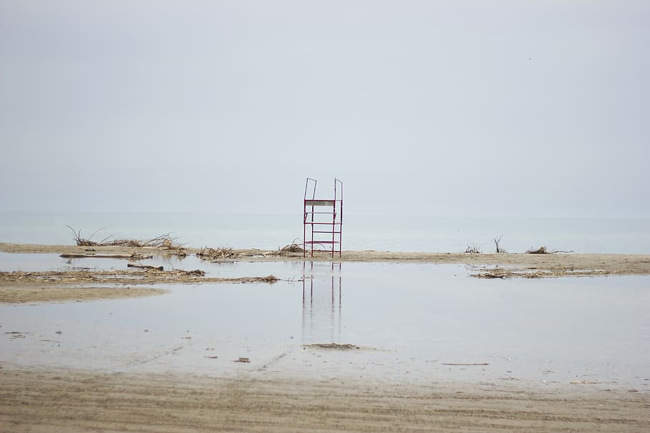 red watch tower, ocean, beach, sea, water, nature, grey, sand HD wallpaper