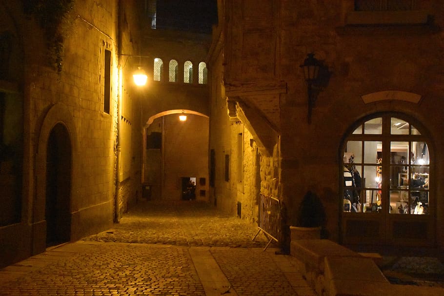 france, carcassonne, medieval, street, light, building, night