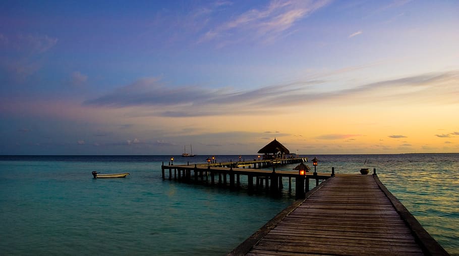 Brown Wooden Dock on Body of Water, beach, boardwalk, clouds HD wallpaper