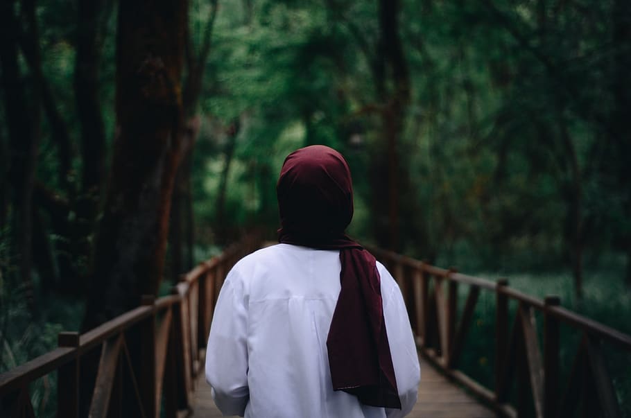 Woman Wearing Red Hijab, person, scarf, rear view, tree, forest