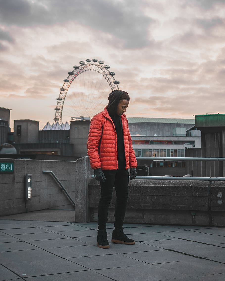man wearing red bubble jacket, architecture, real people, full length HD wallpaper