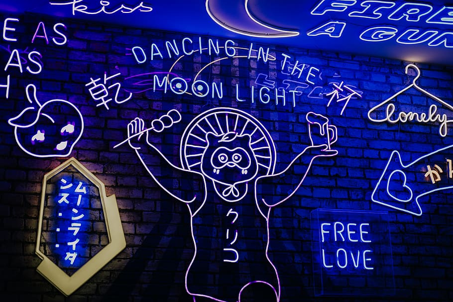 assorted blue neon signages, blackboard, neon light, club, brick HD wallpaper