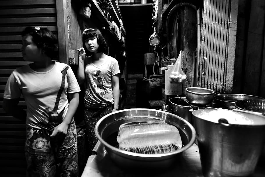 yangon, myanmar (burma), chinatown, ice cream, kids, black and white, HD wallpaper