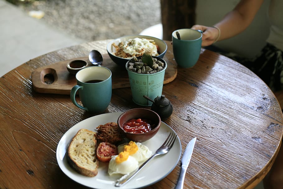 coffee cup, table, dining table, furniture, person, human, breakfast HD wallpaper