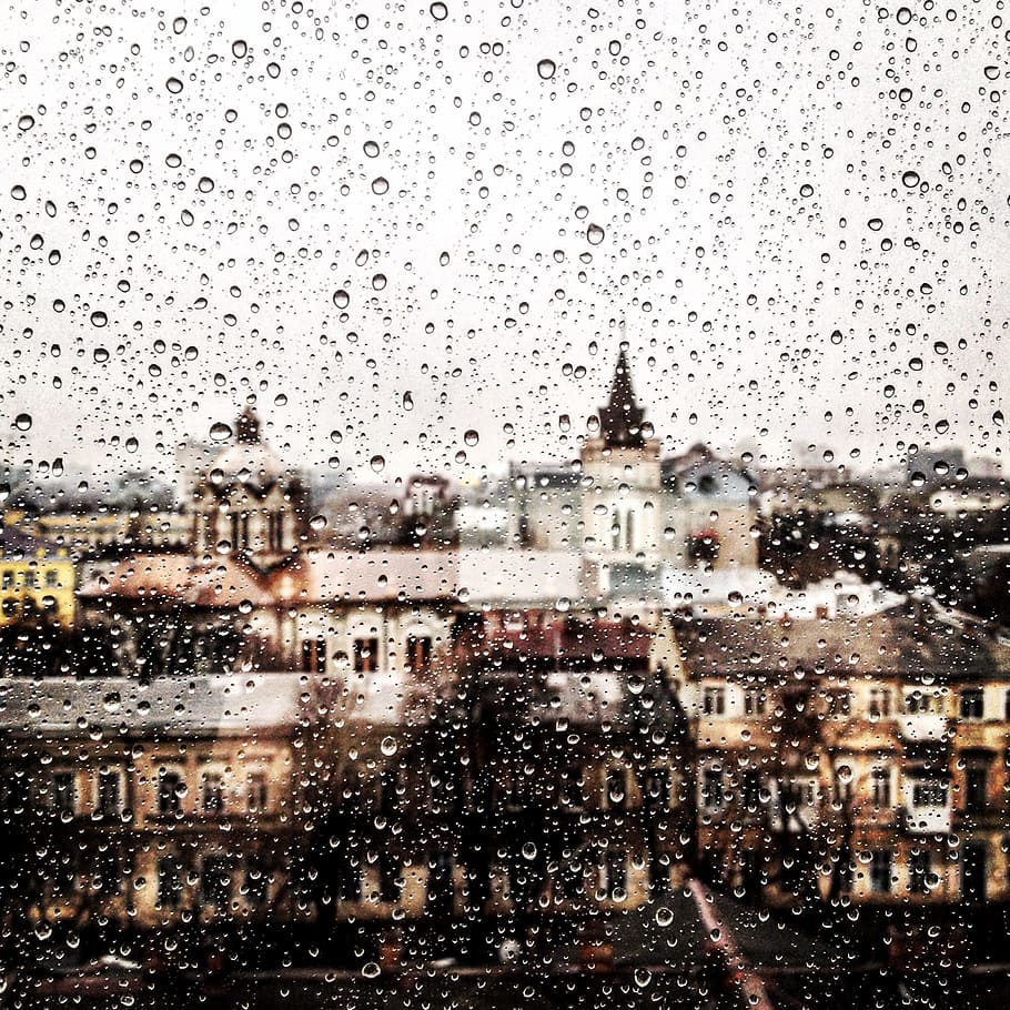rain, rainy, window, glass, drop, droplet, city, construction HD wallpaper
