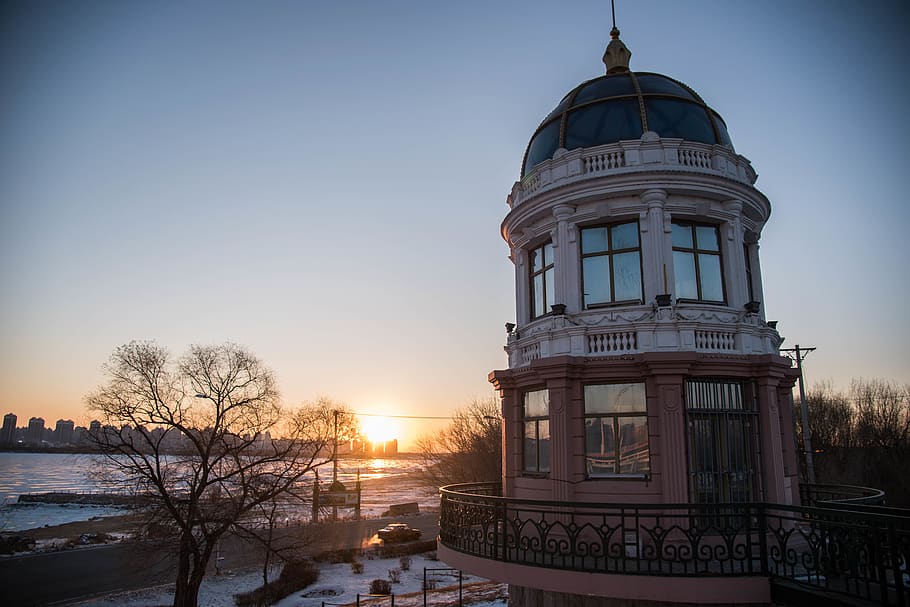 architecture, building, dome, flare, light, sunlight, tower HD wallpaper