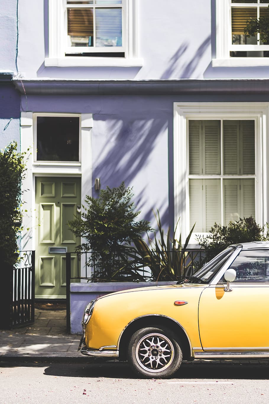 yellow car parked outside house, building, sunlight, shadow, purple HD wallpaper