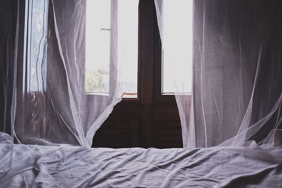 white bedspread beside window, drapes, curtain, net, minimal HD wallpaper