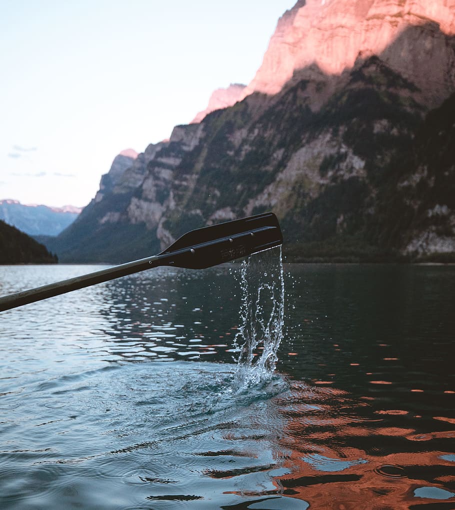 brown wooden paddle, sunlight, mountain, splash, lake, alp, nature HD wallpaper