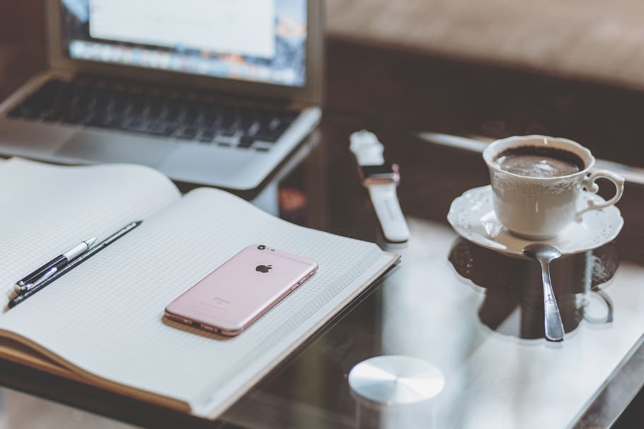 Rose Gold Iphone 6s on White Book Near Coffee, apple, cup, desk, HD wallpaper