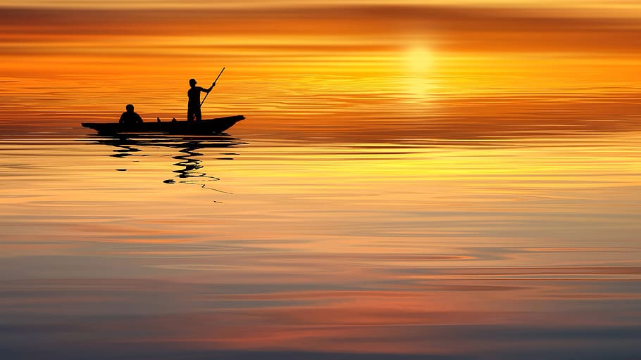 sunset, ocean, boat, human, sea, water, sky, nature, dusk, sunrise HD wallpaper