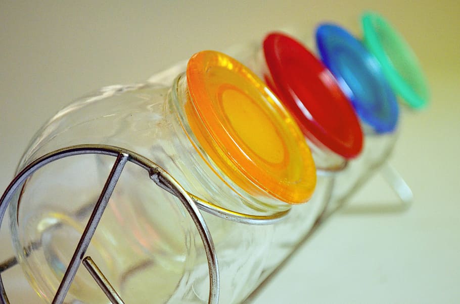 Glass containers, colors, colours, kitchen, studio shot, indoors, HD wallpaper