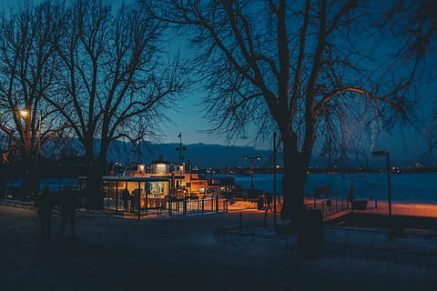 lights, sunset, night, dark, cold, peir, pier, ship, ferry HD wallpaper
