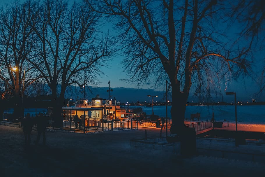 lights, sunset, night, dark, cold, peir, pier, ship, ferry HD wallpaper