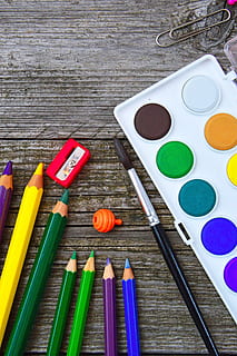 school tools, color, crayon, paint, brush, education, design HD wallpaper