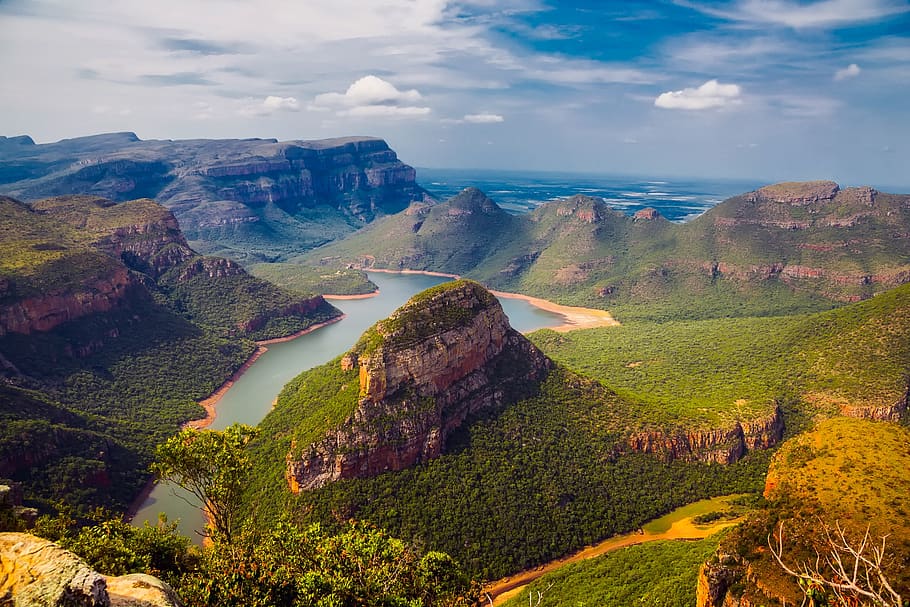Top View Photography of Body of Water and Mountain, adventure HD wallpaper