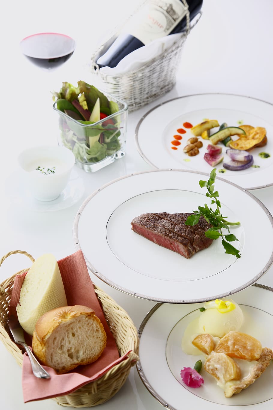 Plated Dishes On White Surface, appetizer, bread, cuisine, delicious HD wallpaper