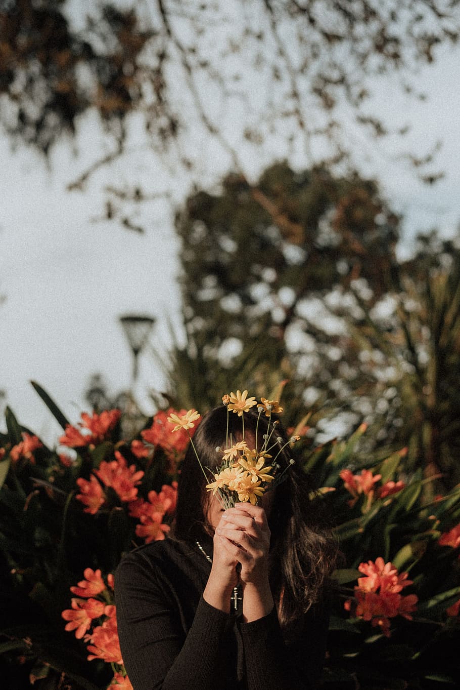 Hd Wallpaper Woman Hiding Her Face With Yellow Flowers During Daytime Plant Wallpaper Flare