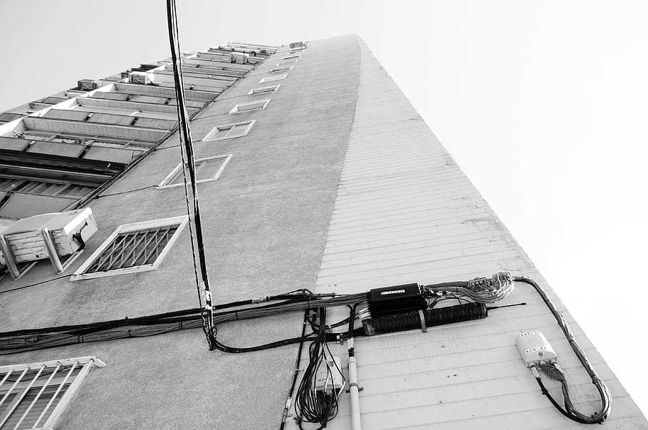 madrid, spain, cable, skycrapper, bw, barrio, building, window, HD wallpaper