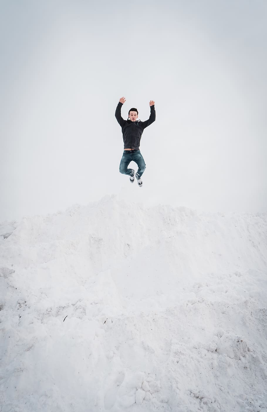 man jumping over snow, nature, outdoors, person, human, winter HD wallpaper