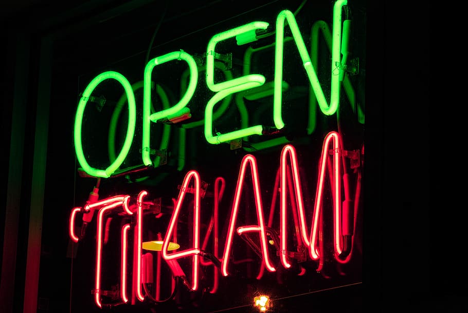 low-light photo of open til 4 AM neon sign, late night, green, HD wallpaper