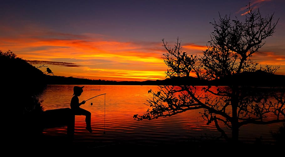 Silhouette of Person Fishing, backlit, beach, boy, child, dawn HD wallpaper