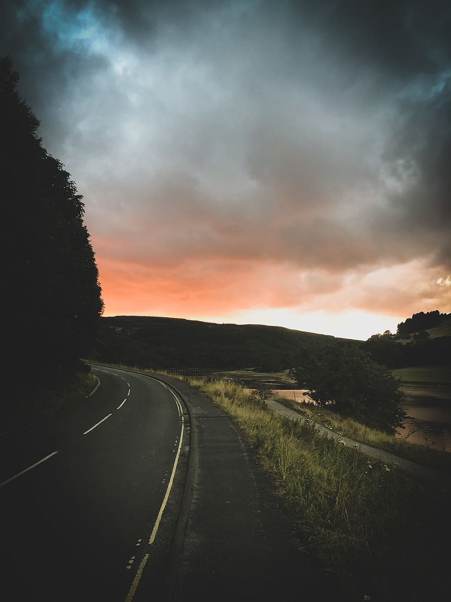Paved Road, clouds, environment, golden hour, grass, green, landscape HD wallpaper